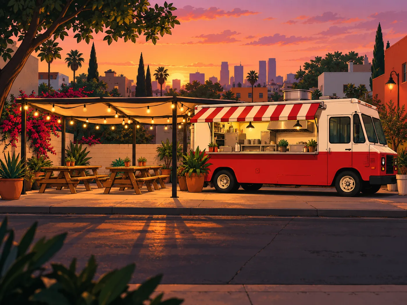 Illustrative image: a taco truck with covered outdoor seating at dusk (not a photo of the business).