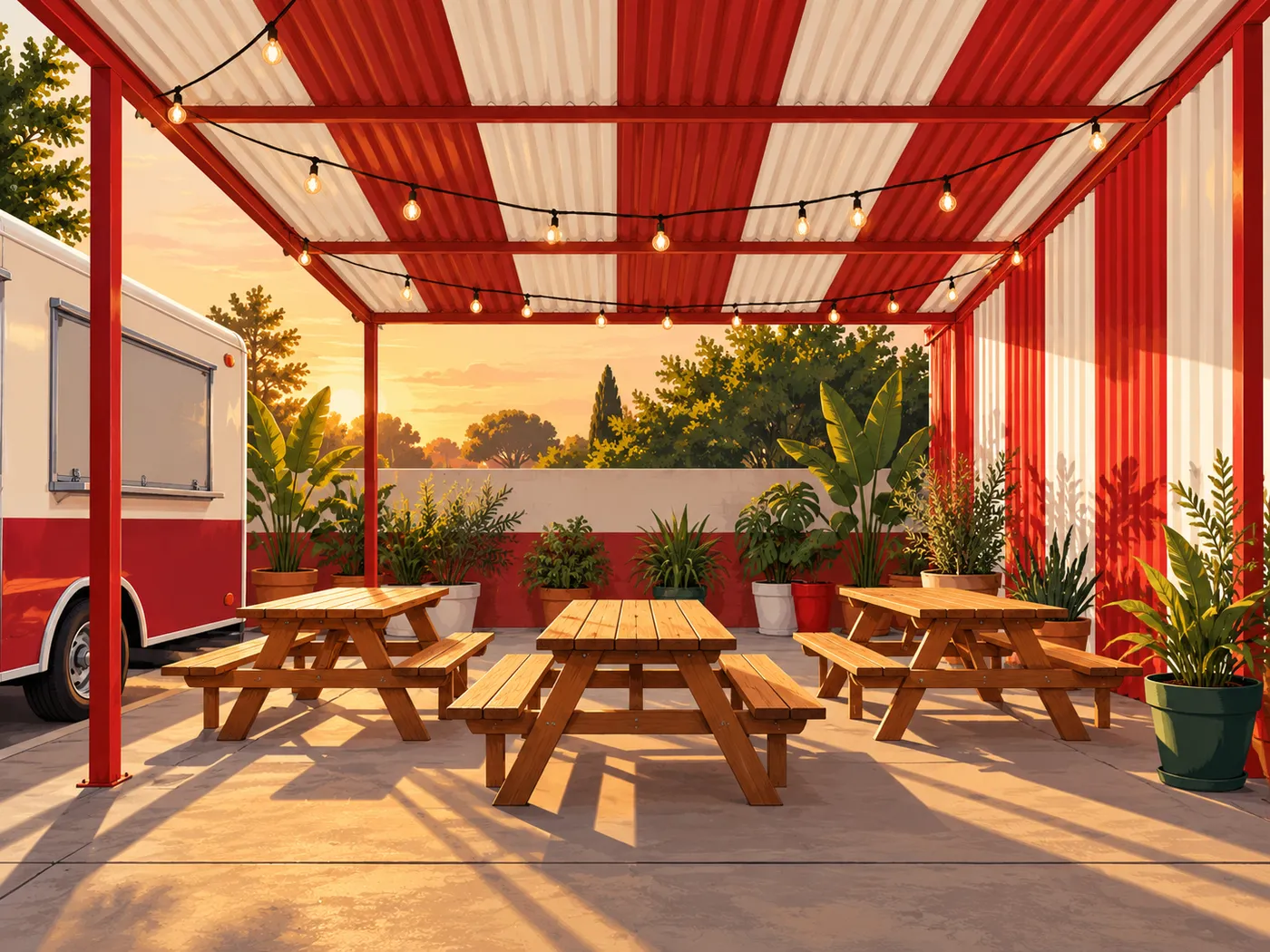 Illustrative image: a covered outdoor seating area with picnic tables (not a photo of the business's patio).