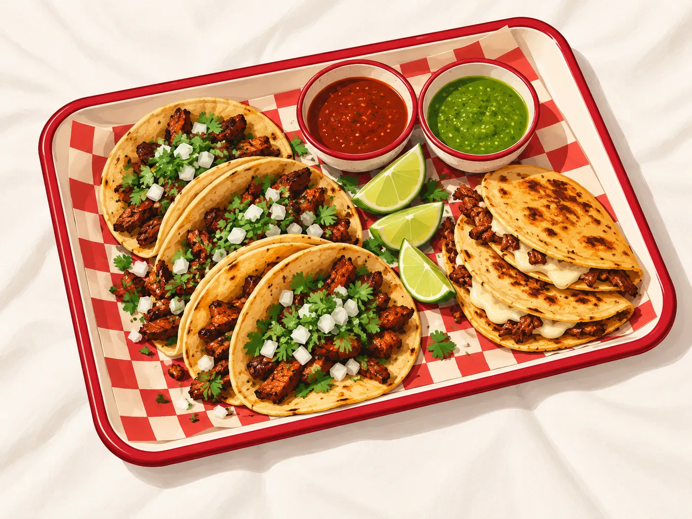 Illustrative image: corn tacos, two salsas, lime and cilantro on a tray (not a photo of the business's food).